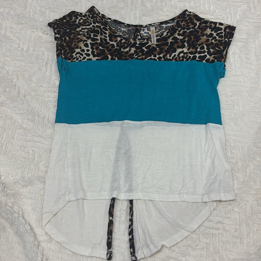 Color Block Top Leopard Print Casual Blouse Short Sleeve Shirt